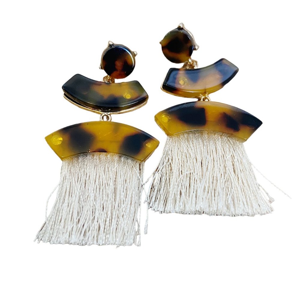 Women's Brown and Tan Cream Fringe Drop Earrings - Picture 1 of 2